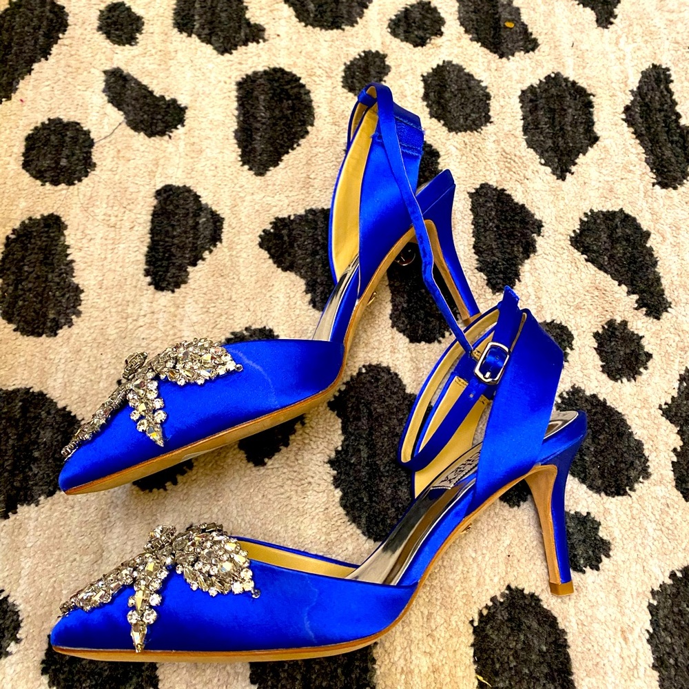 Blue satin embellished Badgley Mischka sandals